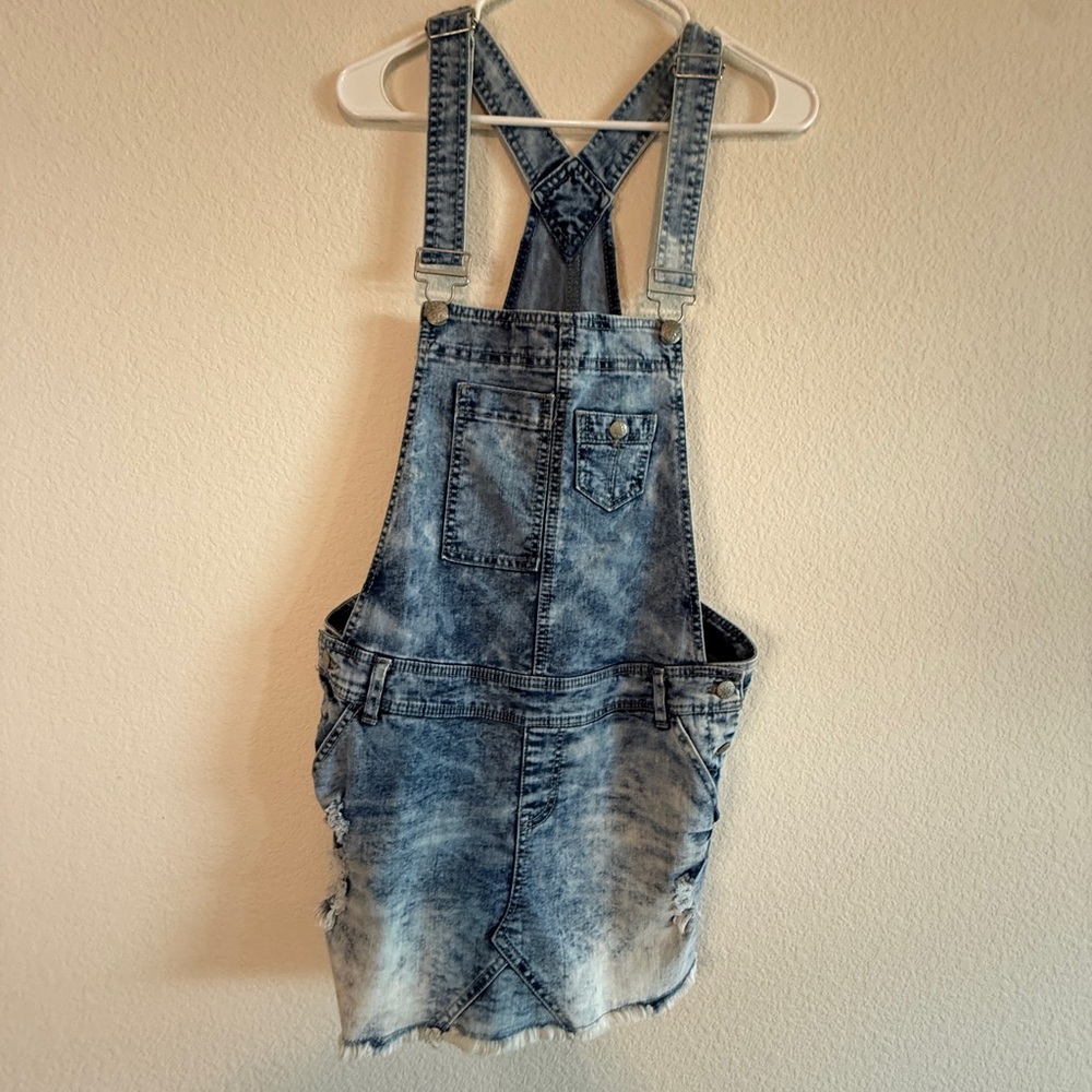 Rue21 Acid Wash Distressed Denim Overall Skirt (Size 13/14)